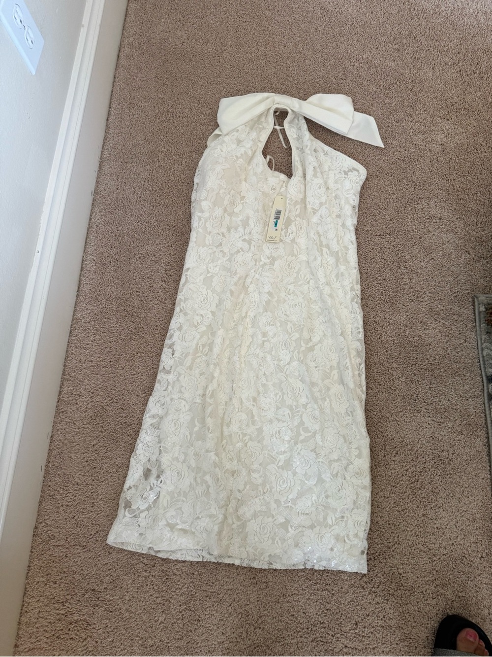 Eliza J Cream Lace Halter Midi Dress with Bow